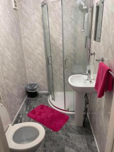 een badkamer met een douche, een toilet en een wastafel bij JEANNE in Blackpool