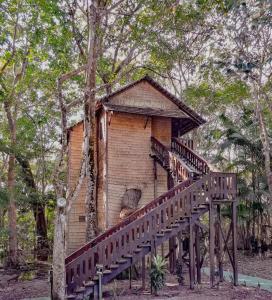 una casa sull'albero con una scala in legno che la porta di Beloalter Hotel ad Alter do Chão