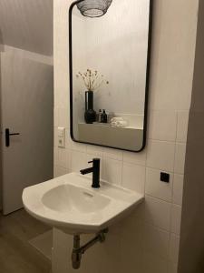 a bathroom with a white sink and a mirror at Hofstede klein Rozendaal, huisje Rozen in Asch