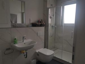 uma casa de banho com um chuveiro, um WC e um lavatório. em Messe Apartment BIN em Hildesheim