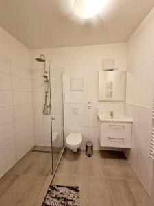 a bathroom with a toilet and a shower and a sink at Apartment in the heart of Berlin 2122 in Berlin