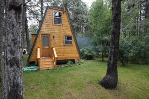 een kleine houten hut in een tuin met bomen bij Rustic Cabin 1 - Three Bedroom in Forest Lakes Estates