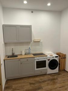 a kitchen with a stove and a microwave at Paris Apartments in Katowice