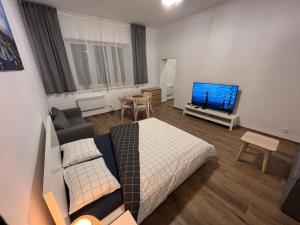 a living room with a couch and a flat screen tv at Paris Apartments in Katowice