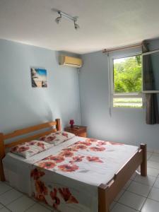 ein Schlafzimmer mit einem Bett in einem Zimmer mit einem Fenster in der Unterkunft f3 location saisonnière détente tranquillité et belle vue in Les Trois-Îlets