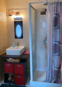 ein Bad mit einem Waschbecken und einer Dusche in der Unterkunft f3 location saisonnière détente tranquillité et belle vue in Les Trois-Îlets