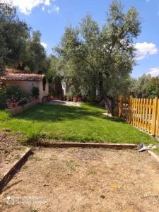 un patio con una valla de madera y un árbol en Cortijo las lagunillas en La Puerta de Segura