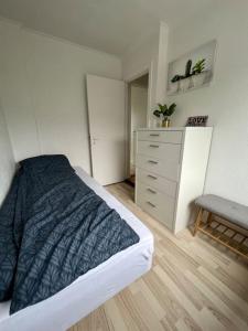 ein Schlafzimmer mit einem Bett und einer Kommode in der Unterkunft Apartment in the center of Tórshavn, free parking. in Tórshavn