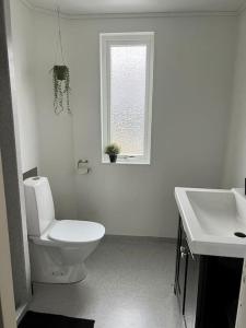 a white bathroom with a toilet and a sink at Apartment in the center of Tórshavn, free parking. in Tórshavn