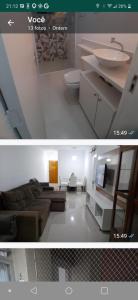 two pictures of a living room and a room with a couch at Apartamento pé na areia in Guarujá