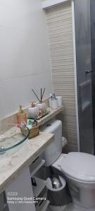 a bathroom with a white toilet and a counter at Apartamento aconchegante com ar condicionado de 22 a 8h in Rio de Janeiro