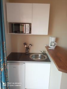 eine kleine Küche mit einer Spüle und einer Mikrowelle in der Unterkunft Lilibellule - Apt 107 situé dans une résidence touristique in Les Trois-Îlets