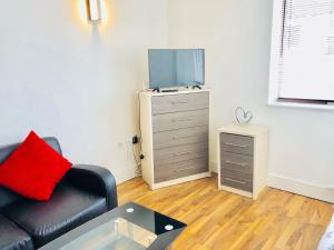 a living room with a couch and a tv on a dresser at City Sparrow Nest - 2W in London