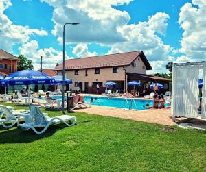 a group of people sitting around a swimming pool at Cusali Pensiune in Topolovăţu Mare