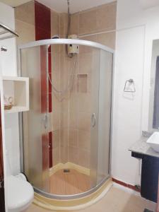 um chuveiro com uma porta de vidro na casa de banho em Seabird International Resort em Boracay