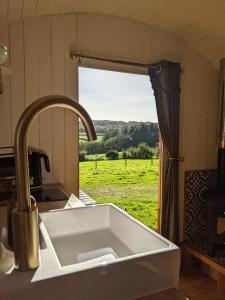 a sink in a kitchen with a view of a field at Stunning Shepherd's Hut Retreat North Devon in Bideford