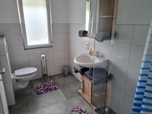 a bathroom with a sink and a toilet at Ferienwohnung am Rursee in Simmerath