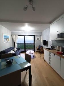 a kitchen and living room with a couch and a table at Résidence La Naturelle in Wimereux