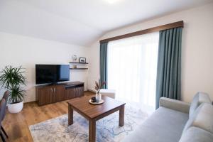 ein Wohnzimmer mit einem Sofa, einem TV und einem Tisch in der Unterkunft Galeria Apartments in Demänovská Dolina