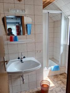 a bathroom with a sink and a shower at Ferienwohnung Haus Gatternig in Seeboden