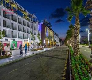 uma rua com uma palmeira e um edifício em شاليهات فندقيه منتجع Porto said em Port Said