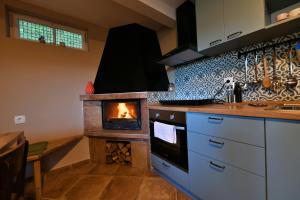 a kitchen with a stove with a fireplace in it at Apartmani Zagi in Rakovica