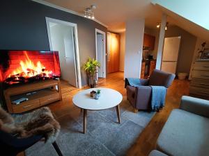 a living room with a fire in the fireplace at Apartment right in the city centre in Stavanger