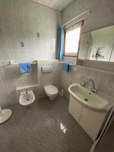 ein Badezimmer mit einem Waschbecken, einem WC und einem Spiegel in der Unterkunft Troadkastn Familie Fritz in Passail