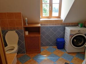 a bathroom with a toilet and a washing machine at Chalupa Rejvíz in Rejvíz