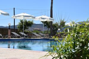 - une piscine avec des chaises longues et des parasols dans l'établissement Odos Oneiron Tavronitis Bay, à Tavronítis