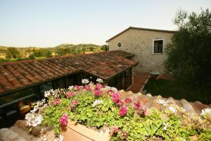 a planter filled with flowers in front of a house at Villa Acquaviva Wine Resort in Montemerano