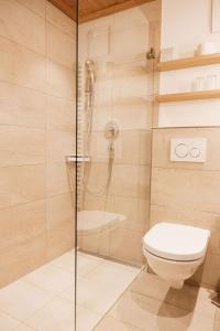 een badkamer met een douche en een toilet bij Hotel Ziegleder in Rottach-Egern
