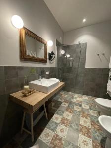 y baño con lavabo, espejo y ducha. en Casale La Gora - B&B di charme en Figline Valdarno