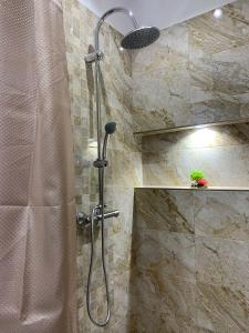 a shower with a shower head in a bathroom at Casa Chriss in Eforie Sud