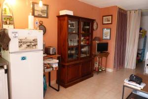 une cuisine avec un réfrigérateur blanc et une armoire en bois dans l'établissement La Malosia Résidence Cap Corniche, à Sète