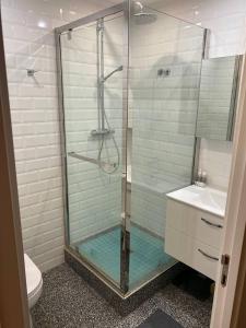 ein Bad mit einer Dusche, einem Waschbecken und einem WC in der Unterkunft Residence D'Azur Apartments near Palais des Festivals in Cannes