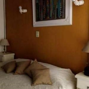 1 dormitorio con 1 cama con almohadas y una foto en la pared en Mendoza Leisure Time en Chacras de Coria