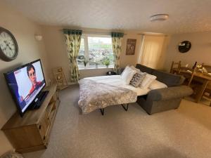 a bedroom with a bed and a couch and a tv at Stunning Cottage in Holyhead in Holyhead