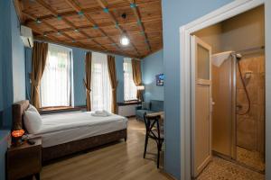 伊斯坦布尔Taksim Antique Hotel的一间卧室配有一张床,浴室设有淋浴。