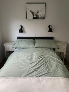 a bed in a bedroom with two tables and a picture of a cow at Valley View Lodge in Welshpool