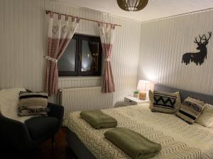 een slaapkamer met een bed, een stoel en een raam bij Elixír Guest House in Izvoare