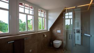 a bathroom with a shower and a toilet and windows at Parkresidenz Lychen, Ferienwohnung 6 in Lychen