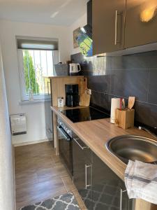 a kitchen with a sink and a counter top at Ferienhaus Naturblick in Bad Frankenhausen