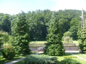 a garden with two trees and a bench in the middle at Harmónia Vendégház in Németbánya