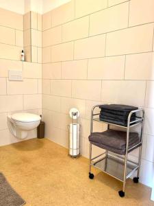 een badkamer met een toilet en een handdoekenrek bij Stadtmitte im Zentrum von Itzehoe aber ruhig in Itzehoe