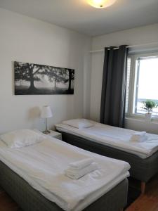 2 camas en una habitación con ventana en Lapinkatu apartments en Rovaniemi