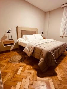 1 dormitorio con 1 cama y suelo de madera en AMPLIO PISO VINTAGE EN ZONA CÉNTRICA DE MENDOZA. en Mendoza