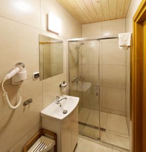 ein Bad mit einer Dusche und einem Waschbecken in der Unterkunft Agroturystyka Chmiel in Sromowce Wyżne