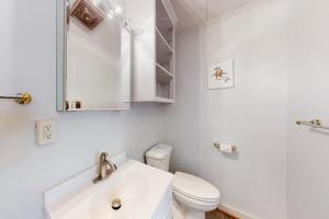 een witte badkamer met een toilet en een wastafel bij Evergreen in Moneta