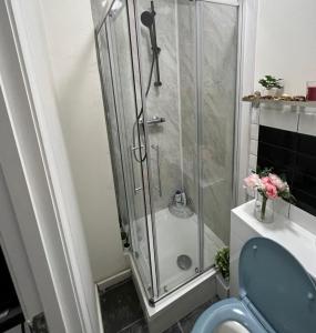 a bathroom with a shower with a blue toilet at Studio Sleeps 2 next to Acton Central in London